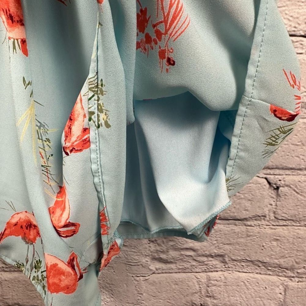 Everly Romper Blue with Flamingos Surplice Front Spaghetti Straps Summer L - Picture 5 of 8